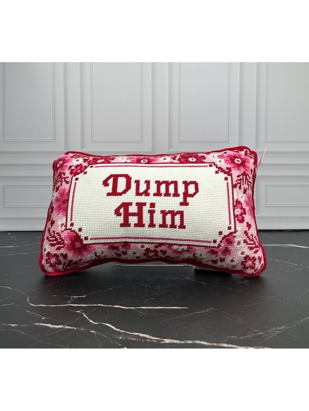 'Dump Him' Cross-Stitch Decorative Throw Pillow with Floral Border